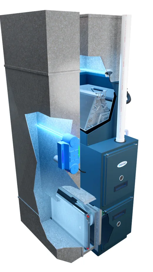 Cutaway illustration of a furnace fitted with a Solace Air polarized media air cleaner and germicidal UV-C light installed in the ductwork.