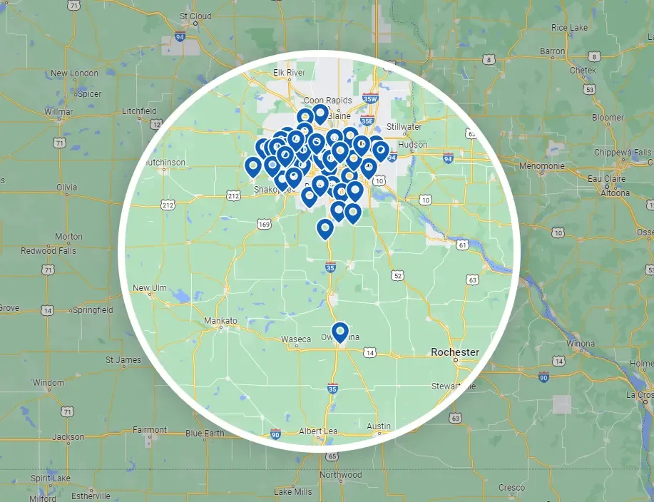 Gray Duct service area map, Twin Cities metro and surrounding regions